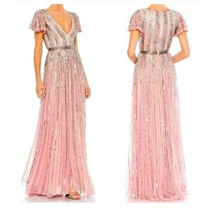 Mac Duggal 5444 Sequin Stripe V-Neck Gown Rose Size 12